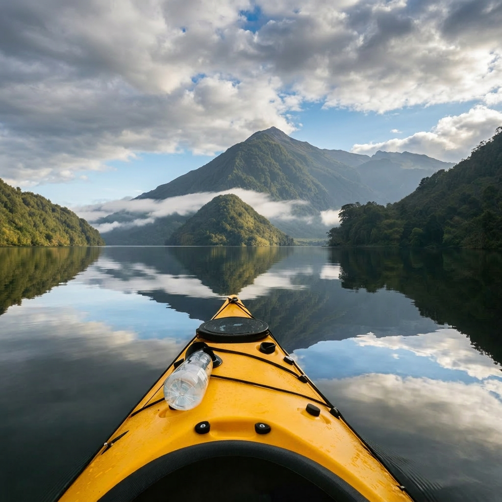 Kayak on lake with mountains